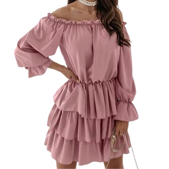 Pink Tiered Ruffle Off Shoulder Balloon Sleeves Dress - Picture 2 of 5